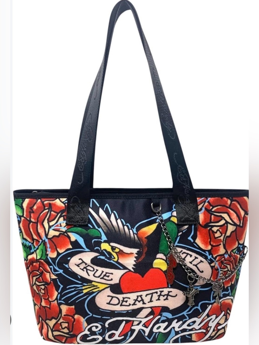 Ed Hardy Black Navy Floral Tattoo-Print Tote with Chain Charm
